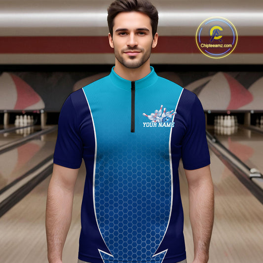 Custom Blue Bowling Team Quarter-Zip Shirts For Men, Blue Bowling Jerseys Team Uniform IPHW9429