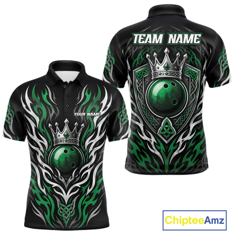 Black short-sleeve polo shirt shown from the front and back, featuring a green bowling ball graphic, white tribal-style flame patterns, a silver crown, and customizable text reading TEAM NAME and YOUR NAME.