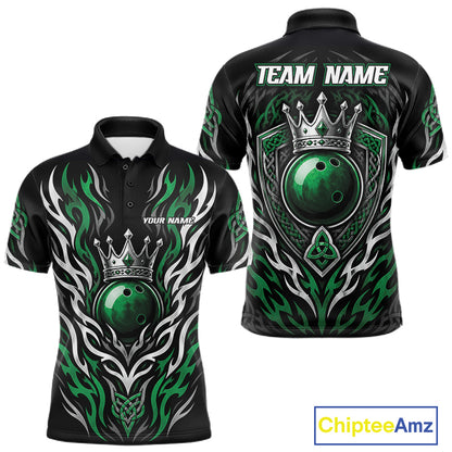 Black short-sleeve polo shirt shown from the front and back, featuring a green bowling ball graphic, white tribal-style flame patterns, a silver crown, and customizable text reading TEAM NAME and YOUR NAME.