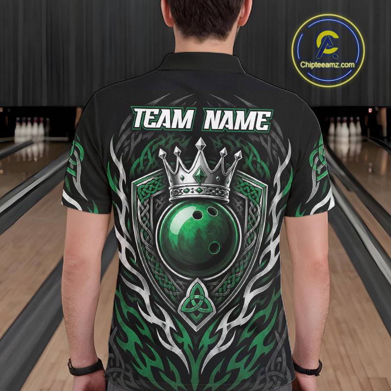 A man viewed from behind wearing a black short-sleeve bowling-themed shirt with a large green, silver, and white graphic on the back. The design features a crown, a green bowling ball, Celtic knotwork, and the text 'TEAM NAME'.