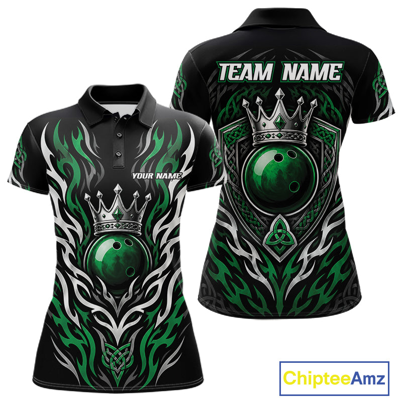 Custom short-sleeve polo shirt shown from the front and back on a white background. The shirt features a black base with a green crowned bowling ball graphic, green flame-like tribal patterns, and customizable text placeholders 'TEAM NAME' and 'YOUR NAME'.