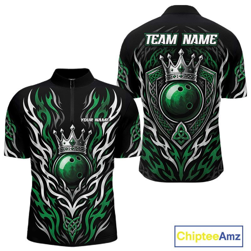 Black short-sleeve quarter zip shirt shown from the front and back, featuring a green bowling ball graphic wear a silver crown and white tribal-style flame motifs. 