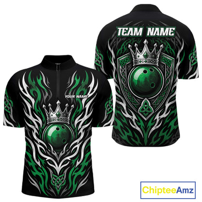 Black short-sleeve quarter zip shirt shown from the front and back, featuring a green bowling ball graphic wear a silver crown and white tribal-style flame motifs. 