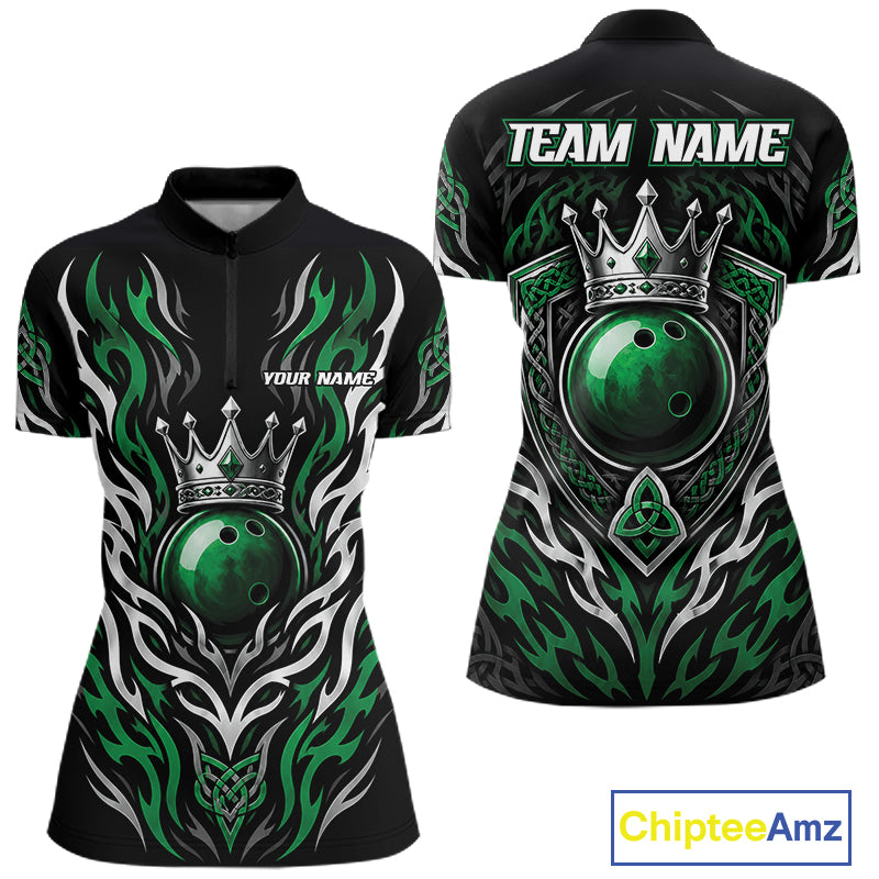 Front and back views of a short-sleeve black quarter zip shirt featuring a green bowling ball, silver crown, tribal flame patterns, and customizable text placeholders 'TEAM NAME' and 'YOUR NAME'.