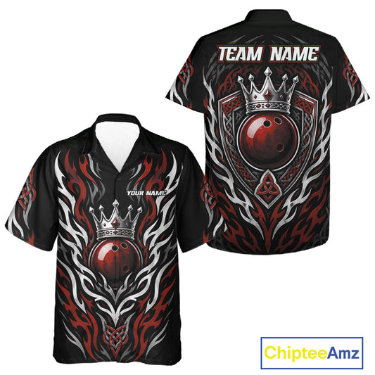 Custom Black And Red Irish Tribal Pattern Bowling Ball With Crown Men And Women Hawaiian Shirt IPHW11693