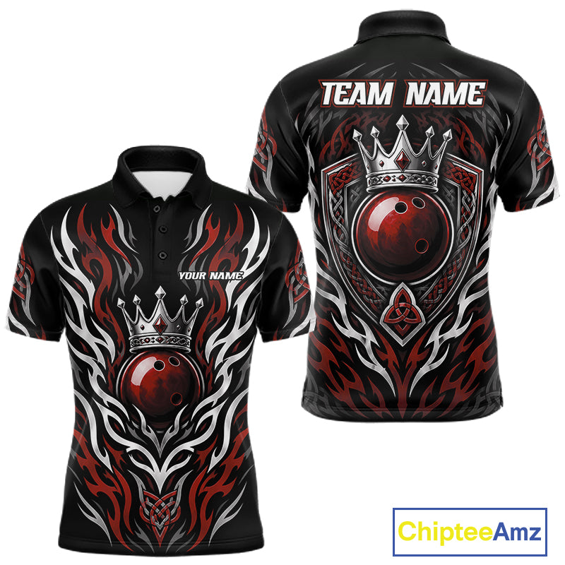 Front and back views of a black short-sleeve polo shirt with a red and white flame design, a crowned bowling ball graphic, and customizable text placeholders 'TEAM NAME' and 'YOUR NAME'.