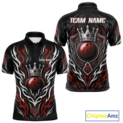 Front and back views of a black short-sleeve polo shirt with a red and white flame design, a crowned bowling ball graphic, and customizable text placeholders 'TEAM NAME' and 'YOUR NAME'.