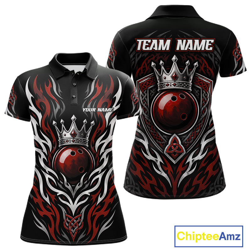 Custom womens short-sleeve polo shirt shown from the front and back, featuring a black base with red and white flame graphics, a red crowned bowling ball design. Includes customizable text placeholders 'TEAM NAME' and 'YOUR NAME'.