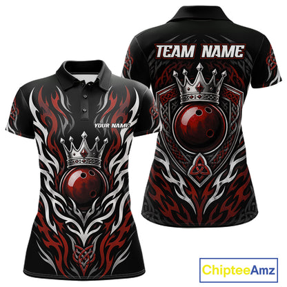 Custom womens short-sleeve polo shirt shown from the front and back, featuring a black base with red and white flame graphics, a red crowned bowling ball design. Includes customizable text placeholders 'TEAM NAME' and 'YOUR NAME'.
