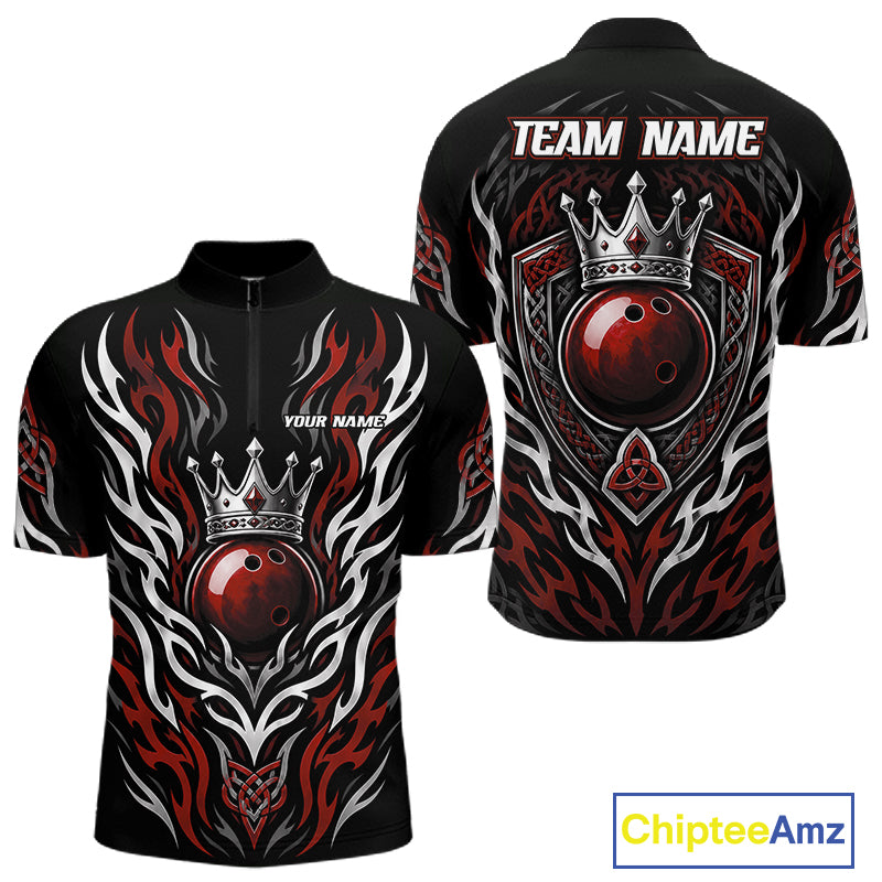 Black short-sleeve quarter zip shirt shown from the front and back, featuring a red bowling ball, silver crown, white tribal flame patterns, and customizable text placeholders 'TEAM NAME' and 'YOUR NAME'.