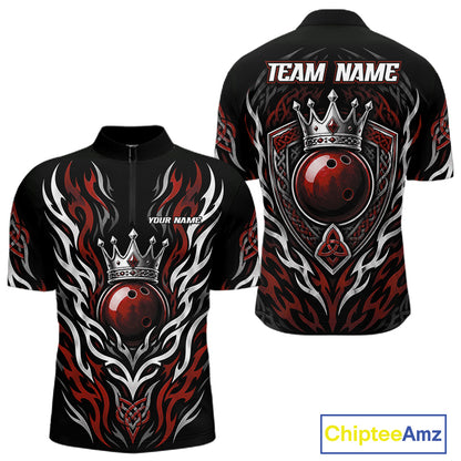 Black short-sleeve quarter zip shirt shown from the front and back, featuring a red bowling ball, silver crown, white tribal flame patterns, and customizable text placeholders 'TEAM NAME' and 'YOUR NAME'.