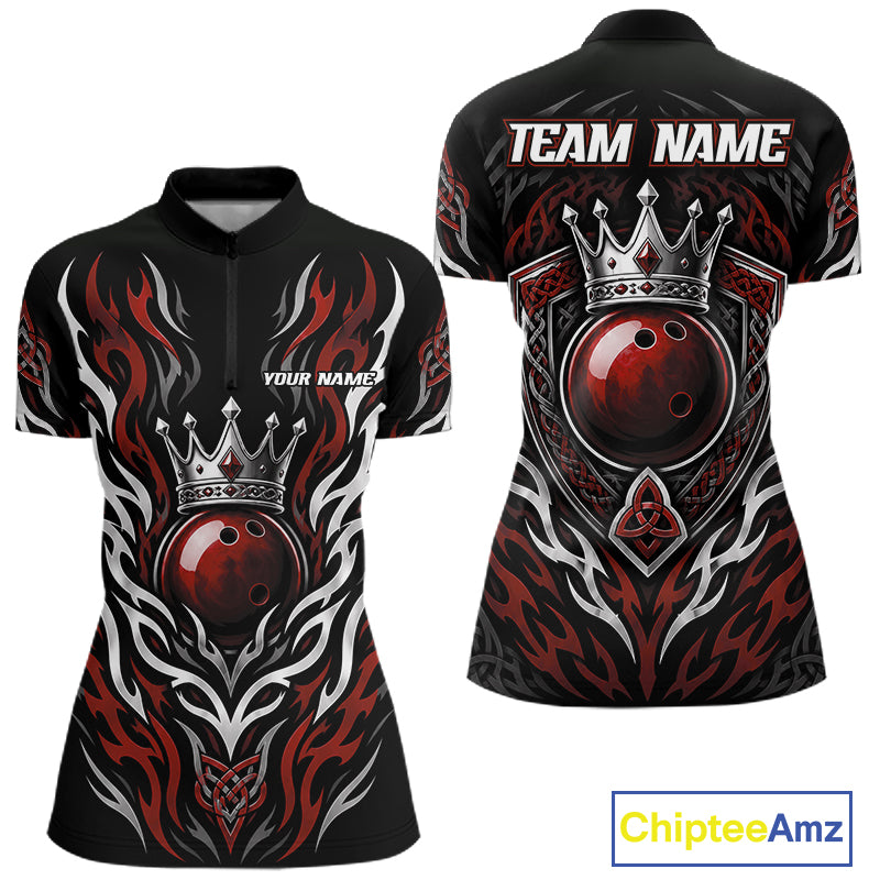 Custom short-sleeve quarter zip shirt shown from the front and back on a white background. The jerseys are black with a red and white tribal flame design, a red bowling ball graphic, and a silver crown.