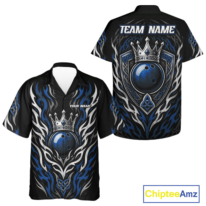 Black short-sleeve bowling-themed button up shirt shown from front and back on a white background, with blue flame graphics, a silver crown, and bowling ball graphic. Custom text placeholders 'YOUR NAME' and 'TEAM NAME' are visible, plus a ChipteeAmz logo in the bottom right.