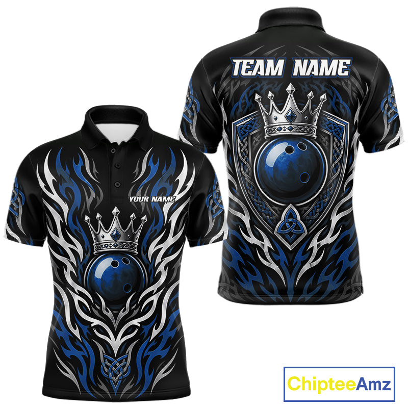 Customizable black short-sleeve polo shirt with blue and white tribal flame designs and a 3D bowling ball graphic under a crown on the front and back. Features 'TEAM NAME' and 'YOUR NAME' placeholder text.