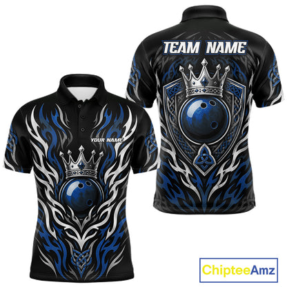 Customizable black short-sleeve polo shirt with blue and white tribal flame designs and a 3D bowling ball graphic under a crown on the front and back. Features 'TEAM NAME' and 'YOUR NAME' placeholder text.