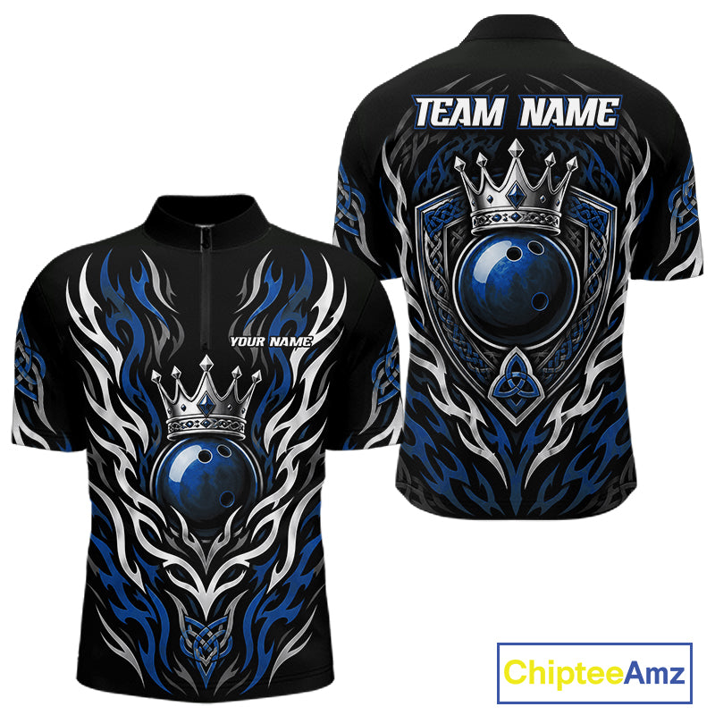 Black short-sleeve bowling quarter zip shirt shown from the front and back, featuring a blue bowling ball wearing a crown, silver and white tribal flame graphics