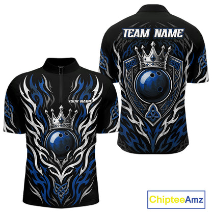 Black short-sleeve bowling quarter zip shirt shown from the front and back, featuring a blue bowling ball wearing a crown, silver and white tribal flame graphics