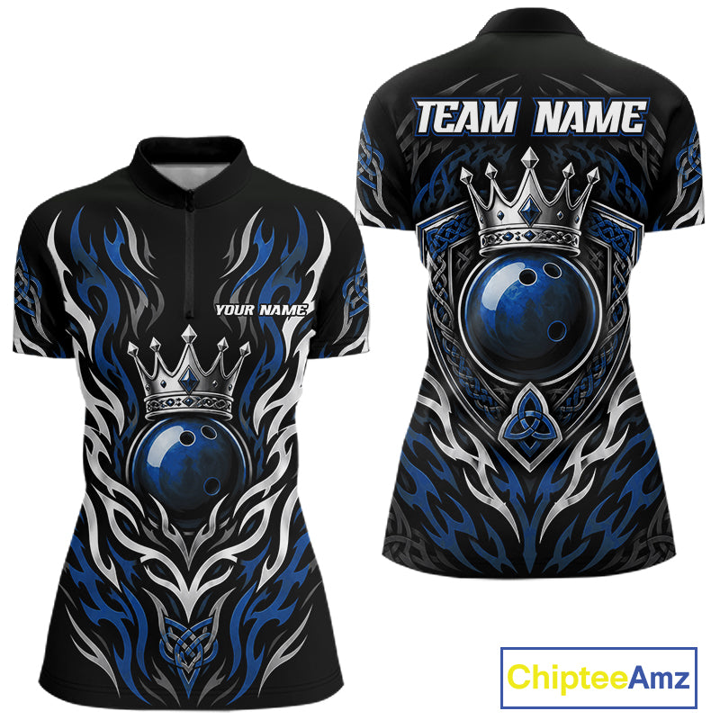Custom short-sleeve quarter zip shirt shown from the front and back on a white background. The jersey is black with blue and white flame-like tribal patterns, a large blue bowling ball graphic wear a silver crown, and customizable text placeholders reading 'TEAM NAME' and 'YOUR NAME'.