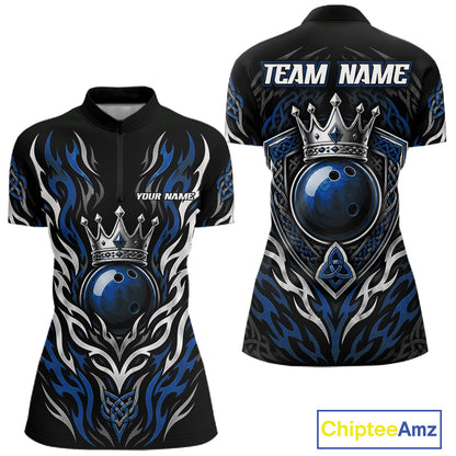 Custom short-sleeve quarter zip shirt shown from the front and back on a white background. The jersey is black with blue and white flame-like tribal patterns, a large blue bowling ball graphic wear a silver crown, and customizable text placeholders reading 'TEAM NAME' and 'YOUR NAME'.