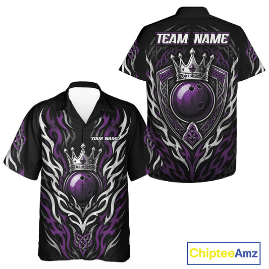Custom Black And Purple Irish Tribal Pattern Bowling Ball With Crown Men And Women Hawaiian Shirt IPHW11695