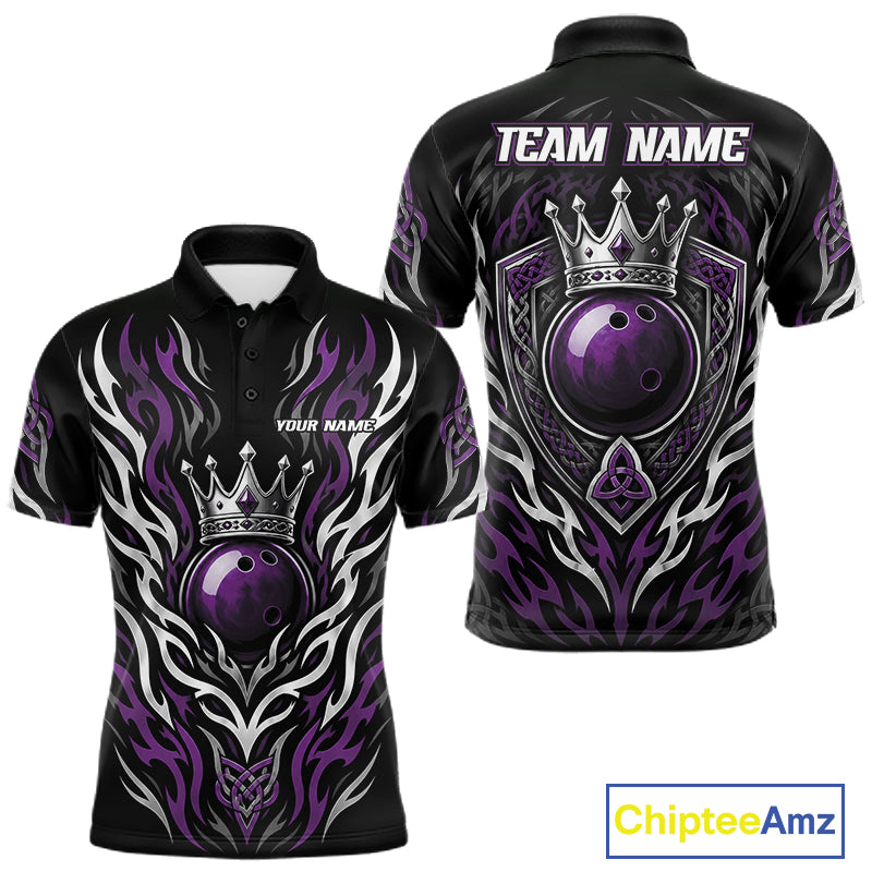 Black short-sleeve polo shirt with purple and white tribal-style flame graphics and a large bowling ball and crown design on the front and back. The back has 'TEAM NAME' text and the front has 'YOUR NAME' text.