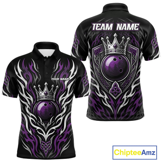 Custom Black And Purple Irish Tribal Pattern Bowling Ball With Crown Men Polo Shirt IPHW11695