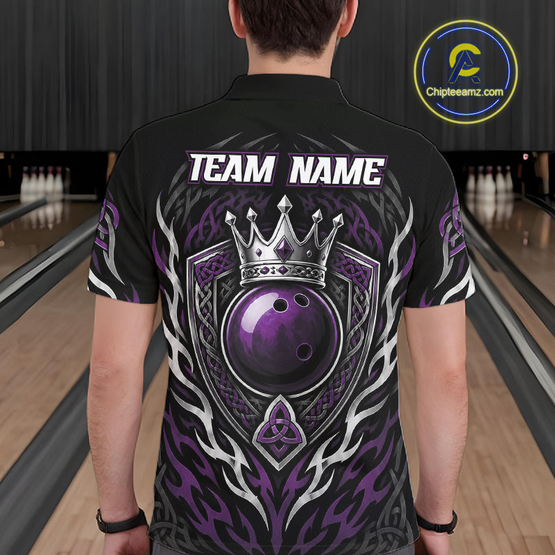A man viewed from behind wearing a black short-sleeve bowling polo shirt with a large purple, silver, and white graphic on the back featuring a crown, bowling ball, and shield design.
