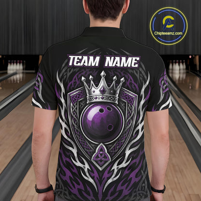A man viewed from behind wearing a black short-sleeve bowling polo shirt with a large purple, silver, and white graphic on the back featuring a crown, bowling ball, and shield design.