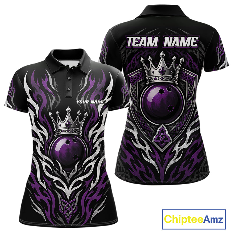 Custom short-sleeve polo shirt shown from the front and back, featuring a black base with purple and white tribal-style graphics, a large purple bowling ball, and a crown motif. Includes customizable text placeholders 'TEAM NAME' and 'YOUR NAME'.