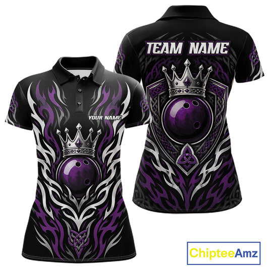Custom Black And Purple Irish Tribal Pattern Bowling Ball With Crown Women Polo Shirt IPHW11695
