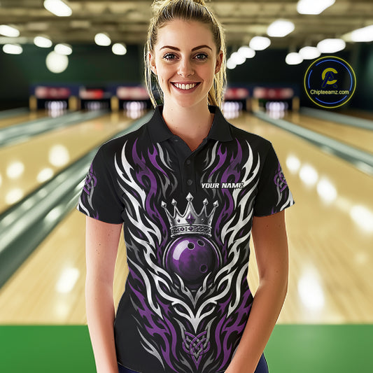 Custom Black And Purple Irish Tribal Pattern Bowling Ball With Crown Women Polo Shirt IPHW11695
