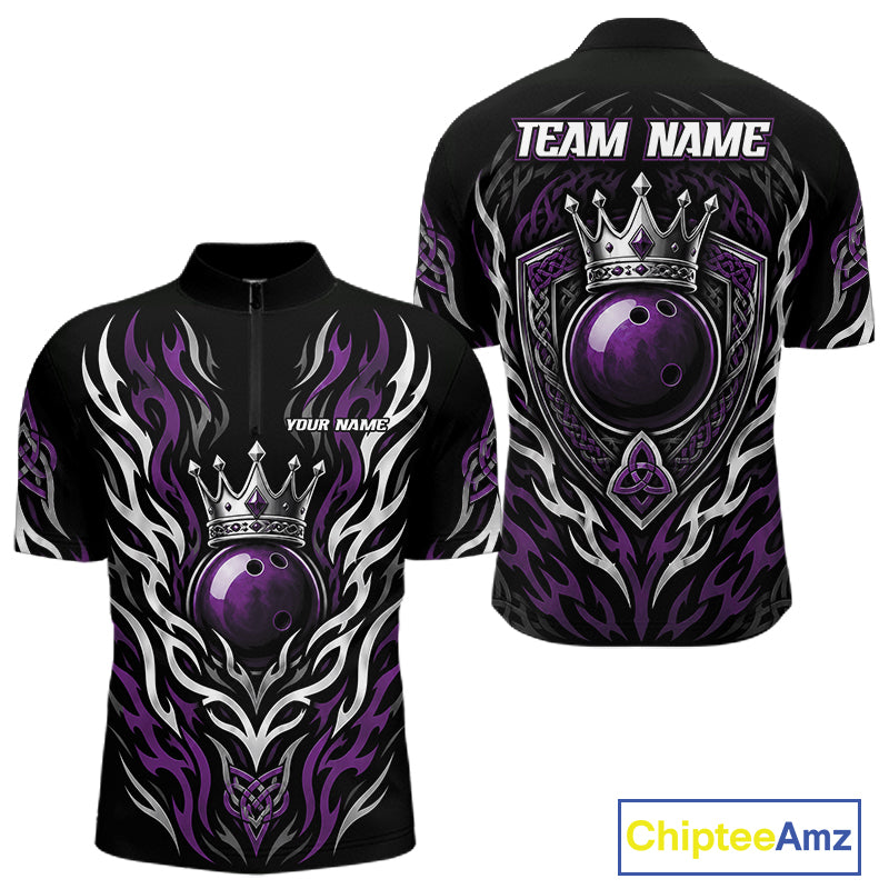 Black short-sleeve quarter zip shirt shown from the front and back, featuring a purple bowling ball, silver tribal flame patterns, a silver crown, and customizable text fields reading 'TEAM NAME' and 'YOUR NAME'.