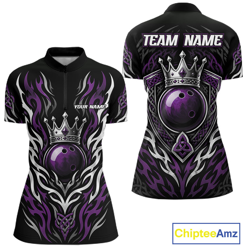 Custom short-sleeve bowling quarter zip jersey shown from the front and back on a white background. The jersey is black with purple and white tribal flame patterns, a large purple bowling ball graphic wearing a crown, and customizable text placeholders 'TEAM NAME' and 'YOUR NAME'.