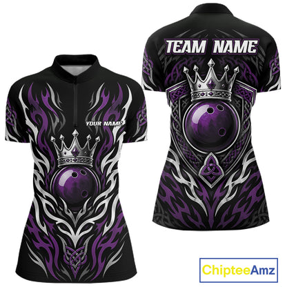 Custom short-sleeve bowling quarter zip jersey shown from the front and back on a white background. The jersey is black with purple and white tribal flame patterns, a large purple bowling ball graphic wearing a crown, and customizable text placeholders 'TEAM NAME' and 'YOUR NAME'.