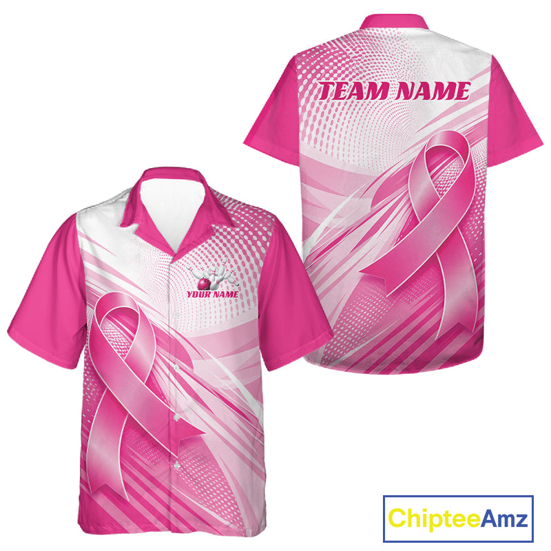 Custom Breast Cancer Awareness Pink Ribbon Bowling Men And Women Button Up Shirt, Bowling League Shirt IPHW12048