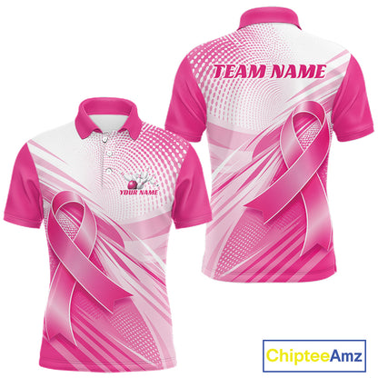 Custom Breast Cancer Awareness Pink Ribbon Bowling Men Polo Shirt, Bowling League Shirt IPHW12048