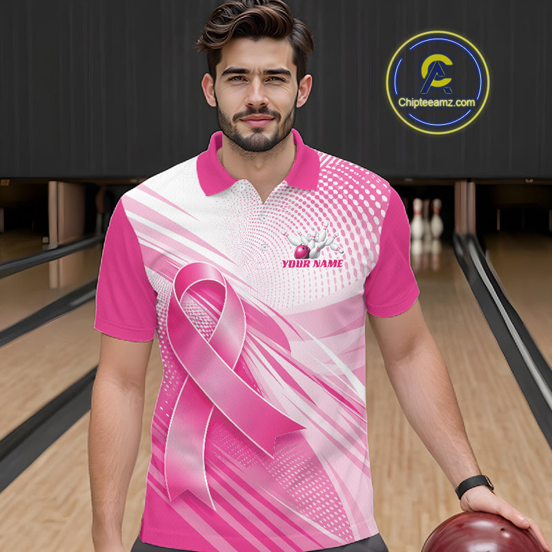 Custom Breast Cancer Awareness Pink Ribbon Bowling Men Polo Shirt, Bowling League Shirt IPHW12048