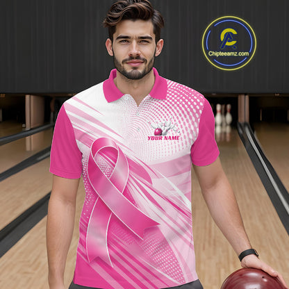 Custom Breast Cancer Awareness Pink Ribbon Bowling Men Polo Shirt, Bowling League Shirt IPHW12048