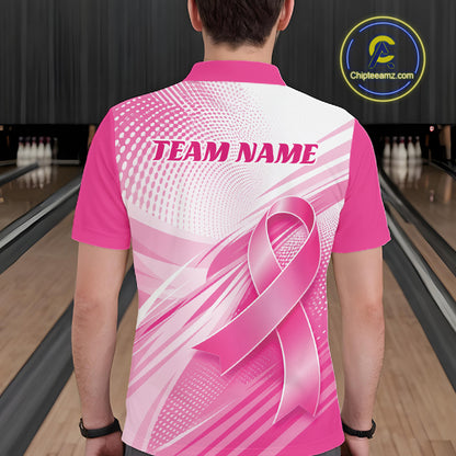 Custom Breast Cancer Awareness Pink Ribbon Bowling Men Polo Shirt, Bowling League Shirt IPHW12048