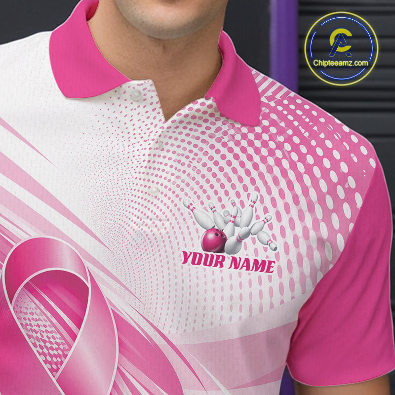 Custom Breast Cancer Awareness Pink Ribbon Bowling Men Polo Shirt, Bowling League Shirt IPHW12048