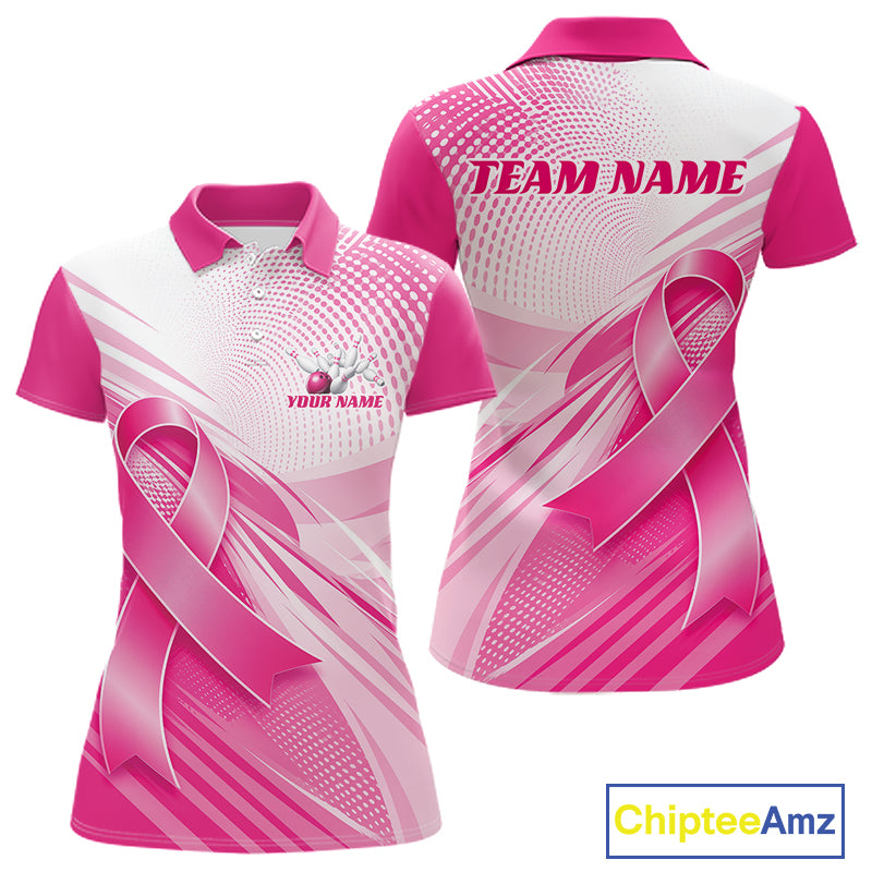 Custom Breast Cancer Awareness Pink Ribbon Bowling Women Polo Shirt, Bowling League Shirt IPHW12048