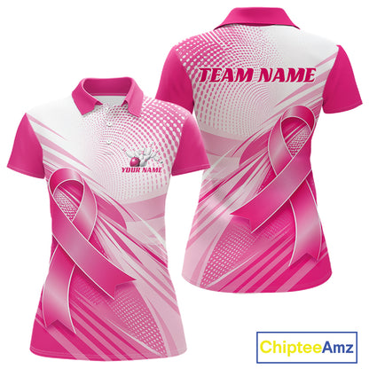 Custom Breast Cancer Awareness Pink Ribbon Bowling Women Polo Shirt, Bowling League Shirt IPHW12048