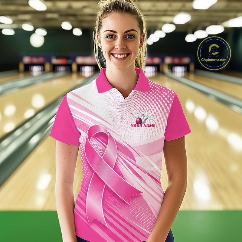 Custom Breast Cancer Awareness Pink Ribbon Bowling Women Polo Shirt, Bowling League Shirt IPHW12048