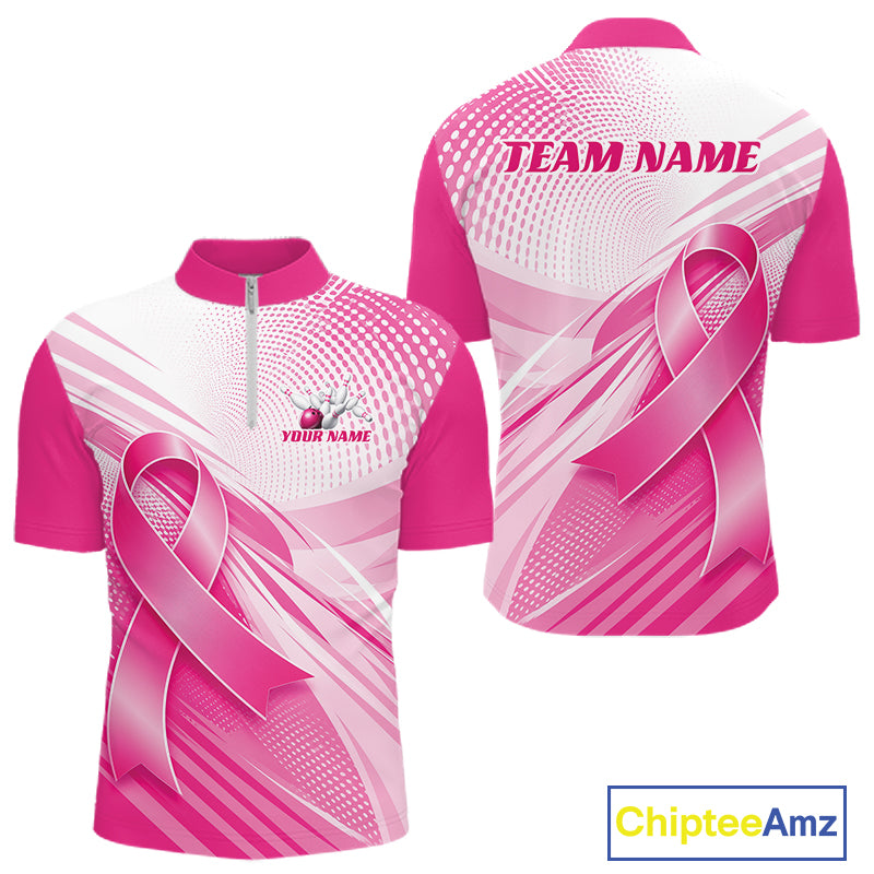 Custom Breast Cancer Awareness Pink Ribbon Bowling Men Quarter Zip Shirt, Bowling League Shirt IPHW12048