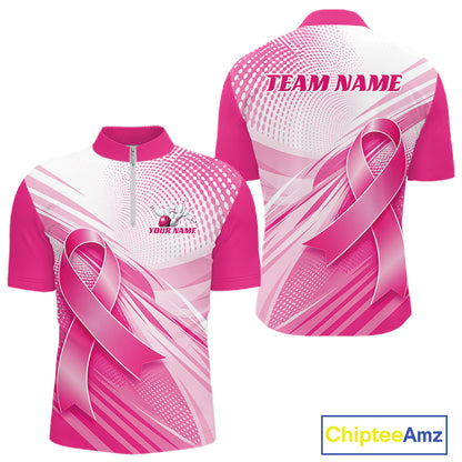 Custom Breast Cancer Awareness Pink Ribbon Bowling Men Quarter Zip Shirt, Bowling League Shirt IPHW12048