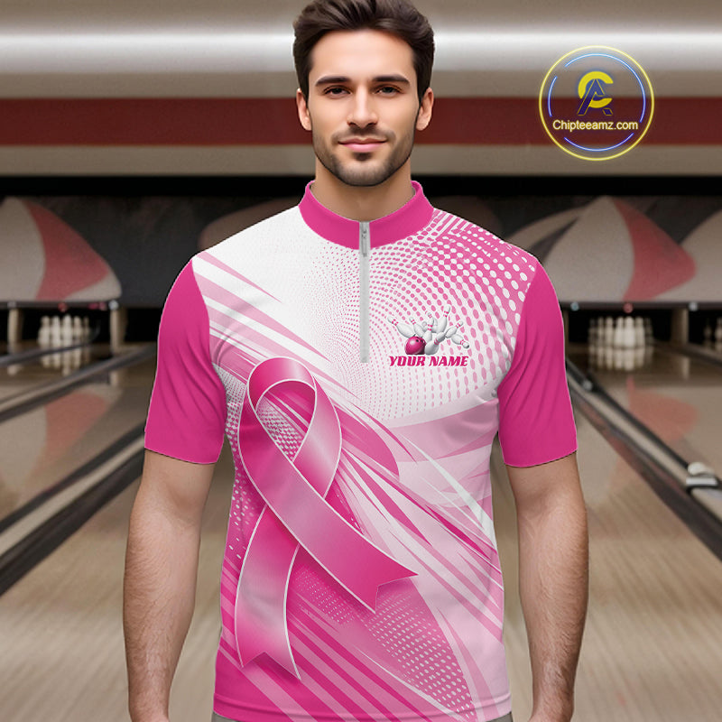Custom Breast Cancer Awareness Pink Ribbon Bowling Men Quarter Zip Shirt, Bowling League Shirt IPHW12048