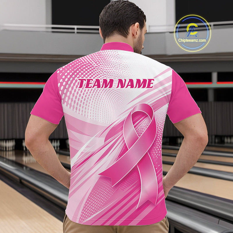 Custom Breast Cancer Awareness Pink Ribbon Bowling Men Quarter Zip Shirt, Bowling League Shirt IPHW12048