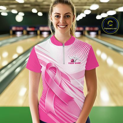 Custom Breast Cancer Awareness Pink Ribbon Bowling Women Shirt, Bowling League Shirt IPHW12048