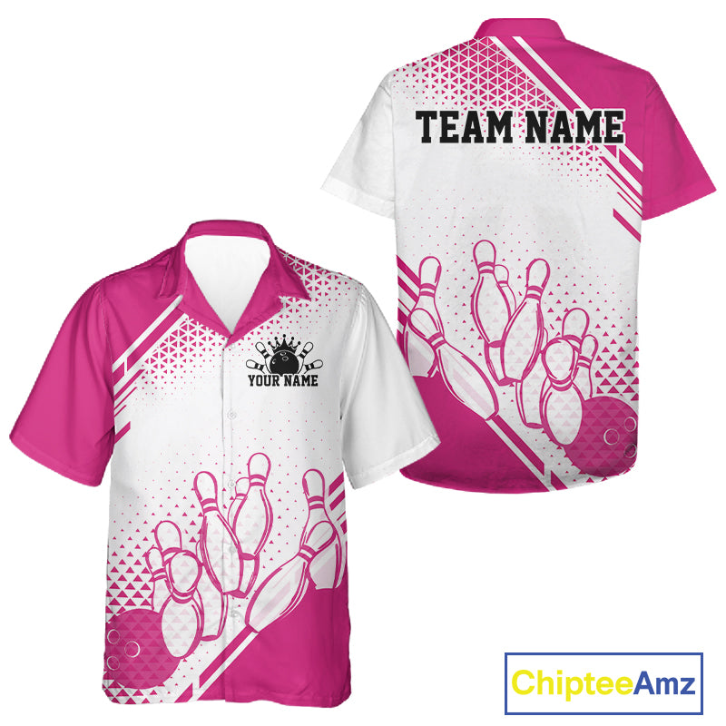 Custom White And Pink Geometric Classic Retro Bowling Team Men And Women Button Up Shirt IPHW12058