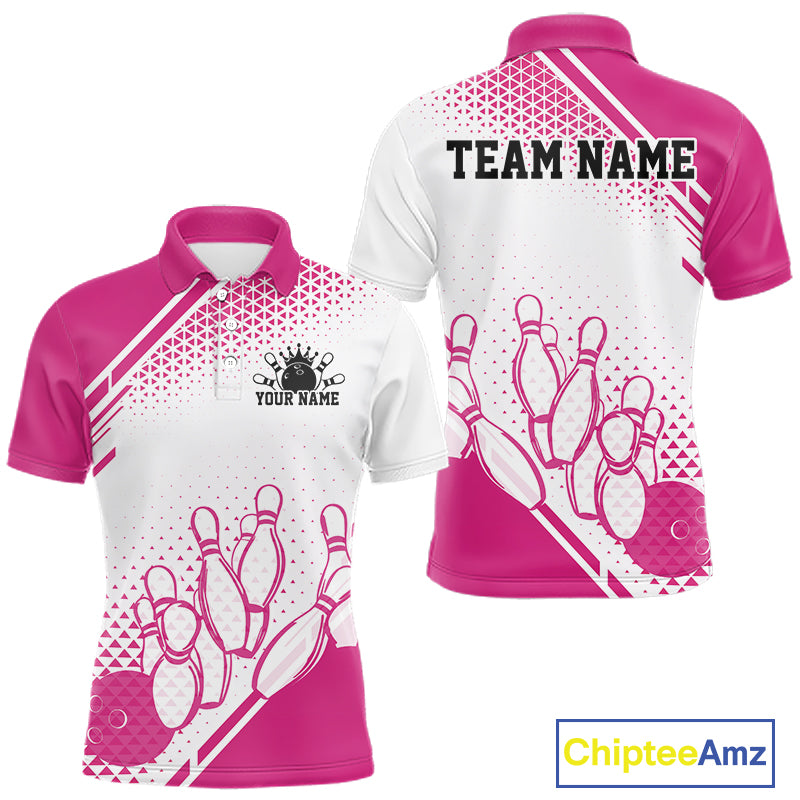 Custom White And Pink Geometric Classic Retro Bowling Team Men Polo Shirt IPHW12058